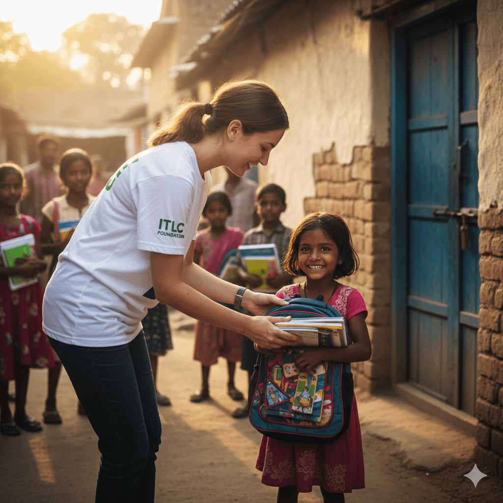 A volunteer handing a school kit to a child.